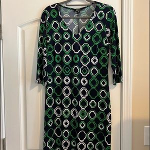 V neck dress, navy, white and green, 3/4 sleeves